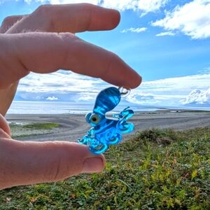 Clear Blue Glass Octopus Pendant Ukrainian Handmade Blown Glass